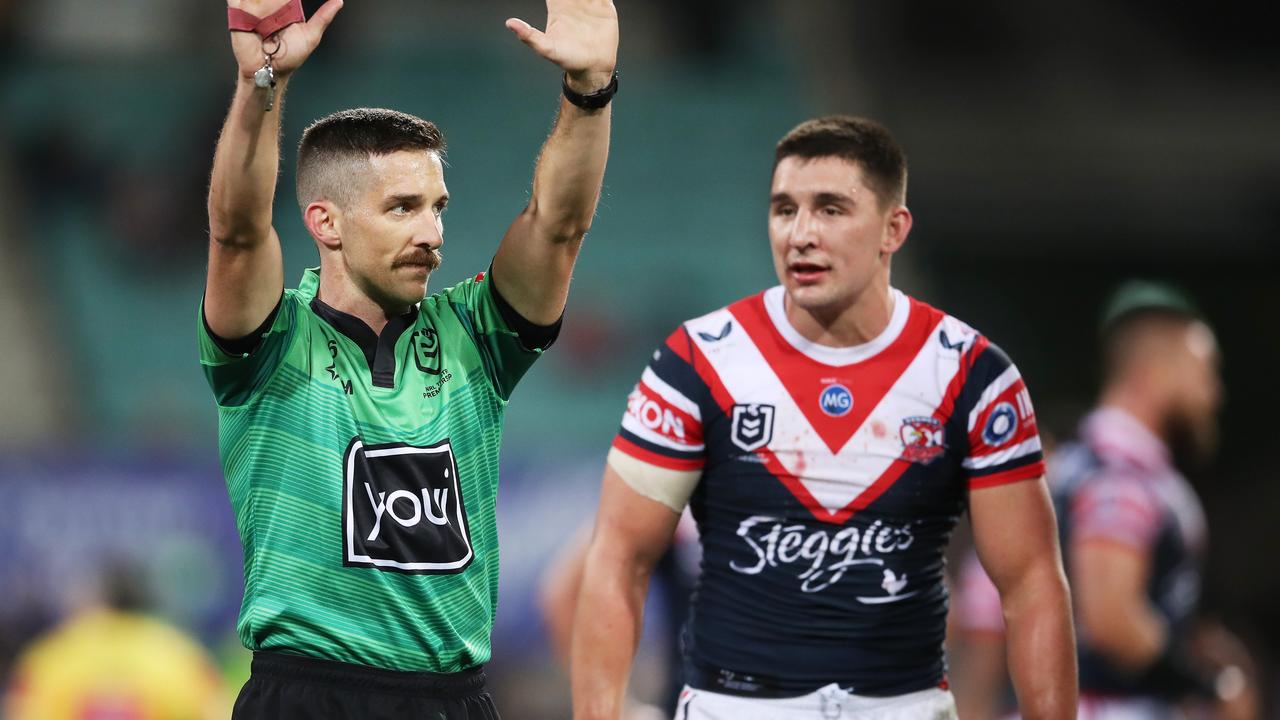 SYDNEY, AUSTRALIA - MAY 22: Victor Radley of the Roosters is sent to the sin bin by referee Peter Gough during the round 11 NRL match between the Sydney Roosters and the Brisbane Broncos at Sydney Cricket Ground, on May 22, 2021, in Sydney, Australia. (Photo by Matt King/Getty Images)