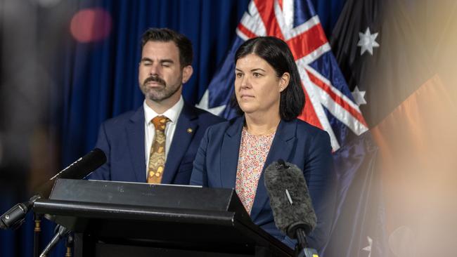 NT Attorney-General Chansey Paech and Chief Minister Natasha Fyles announce a proposed strengthening of bail laws. Picture: Liam Mendes