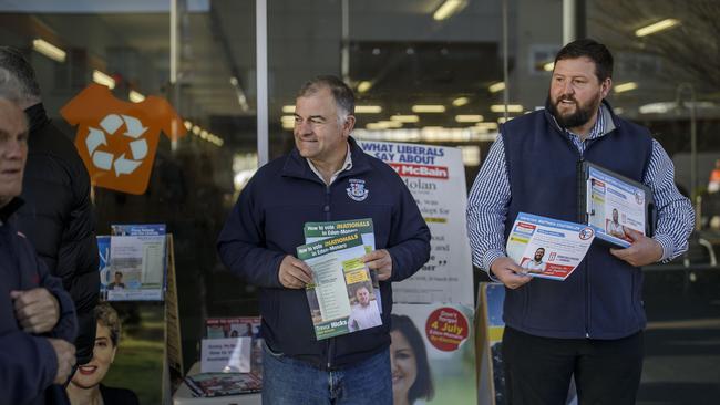 Nationals candidate for Eden-Monaro Trevor Hicks (l) and Shooters Fishers and Farmers Party candidate Matthew Stadtmiller (r) in Queanbeyan, NSW, a day ahead of the 2020 Eden-Monaro by-election. Picture: Sean Davey.