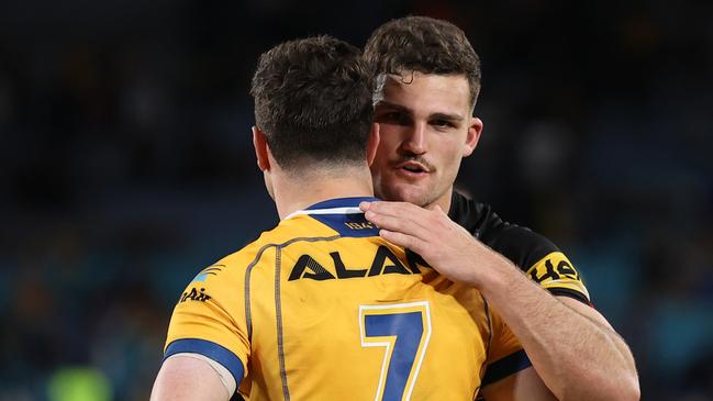 Nathan Cleary consoles Mitchell Moses. Photo by Cameron Spencer/Getty Images