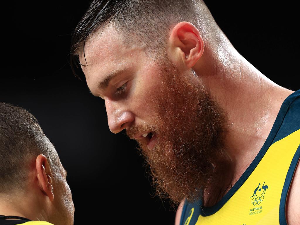 Aron Baynes chats the the umpire during the Australia V Nigeria basketball game at Saitama Super Arena at the Tokyo 2020 Olympics. Pics Adam Head