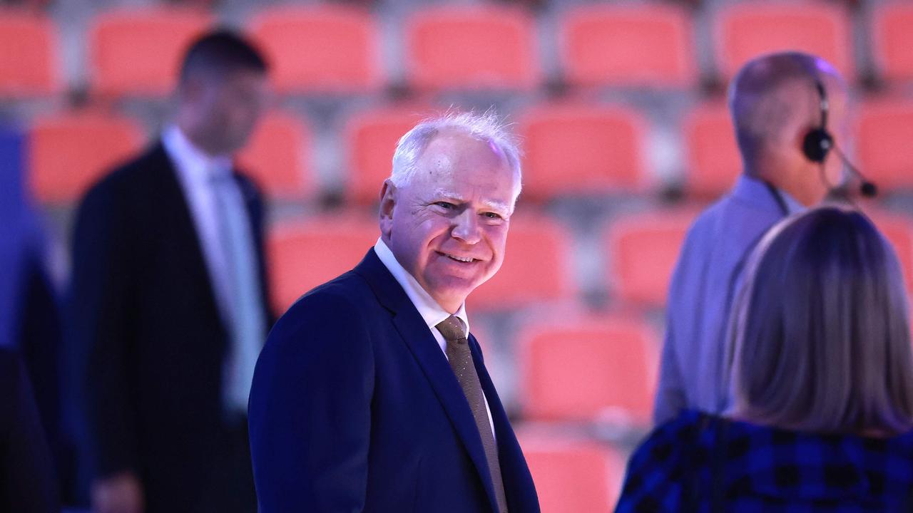 Democratic vice presidential nominee Tim Walz takes part in stage testing on the third day of the Democratic National Convention. Picture: Getty