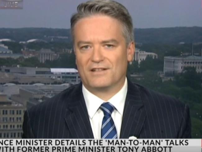 Mathias Cormann offers his take on his 'man-to-man' talk with Tony Abbott. Picture: Sky News