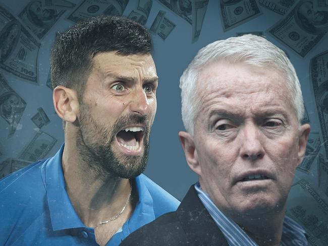 22 January 2025; Craig Tiley looks worried and Novak Djokovic looks angry or annoyed with money in the background, Craig Tiley and Novak Djokovic. Sources: AFP, Getty Images and iStock.  Artwork by Frank Ling.  Ratio 4:3  For DIGITAL.