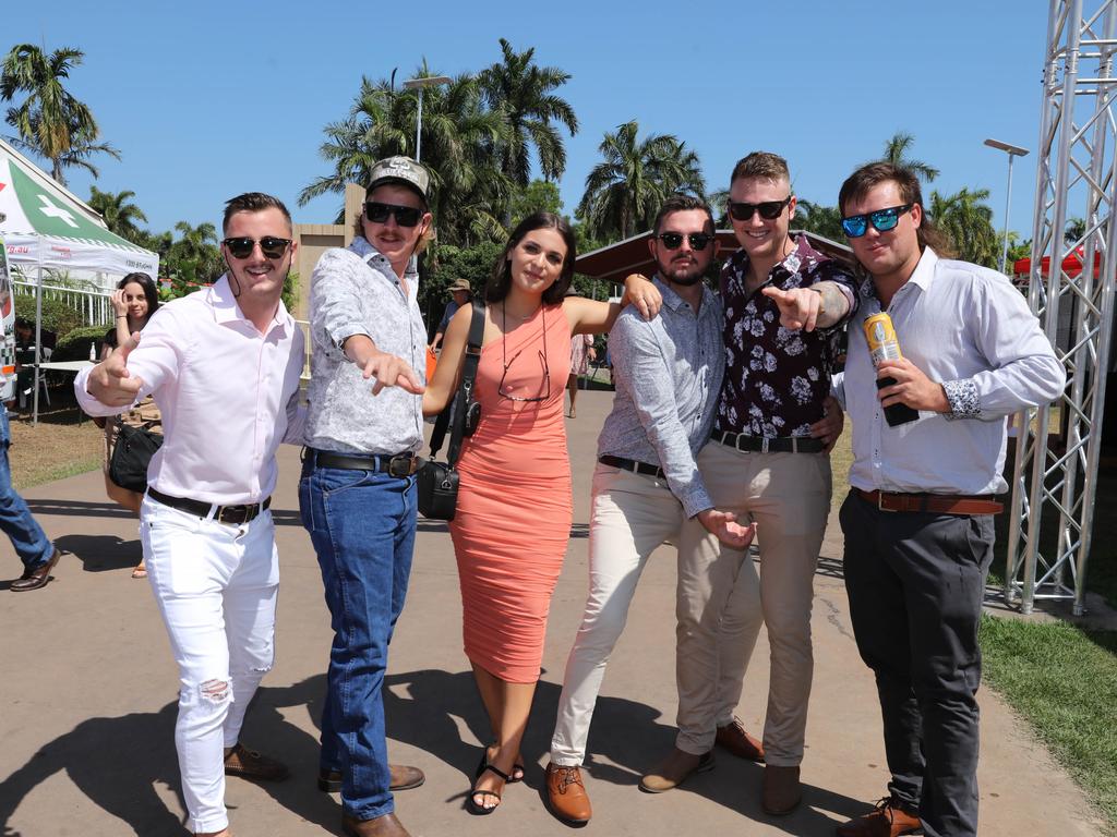 Bradley Bielefeild, Dicko Dickson, Emily Horrocks, Tyler Vitkus, Jake Campbell and Mitch at the 2021 Great Northern Darwin Cup. Picture: Glenn Campbell