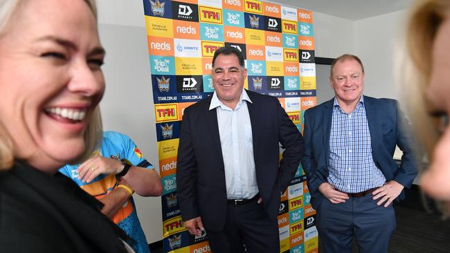 Mal Meninga (centre) is seen with Gold Coast Titans co-owner Rebecca Frizelle (left) and Titans chairman Dennis Watt (right) after the announcement that he had joined the Gold Coast Titans NRL club as their head of performance and culture. Picture: AAP Image