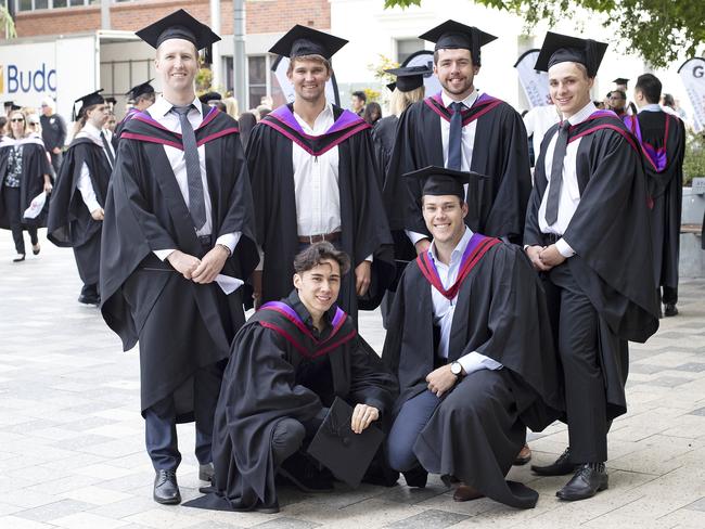 Charlie Rae, Hayden Chrzanowski, Jethro Hurle, Liam Appleyard, Dane Perrott and Riley Darrant at the UTAS Graduation at Launceston. PICTURE CHRIS KIDD