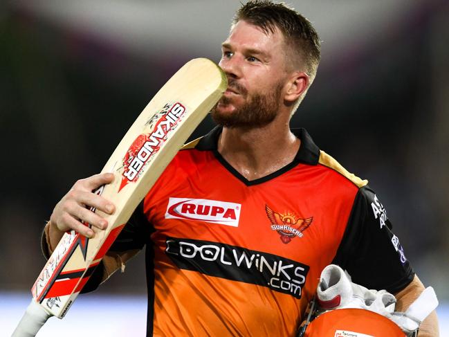 Sunrisers Hyderabad cricketer David Warner gestures as he walks back to the pavilion during the 2019 Indian Premier League (IPL) Twenty20 cricket match between Sunrisers Hyderabad and Kings XI Punjab at the Rajiv Gandhi International Cricket Stadium in Hyderabad on April 29, 2019. (Photo by NOAH SEELAM / AFP) / ----IMAGE RESTRICTED TO EDITORIAL USE - STRICTLY NO COMMERCIAL USE-----