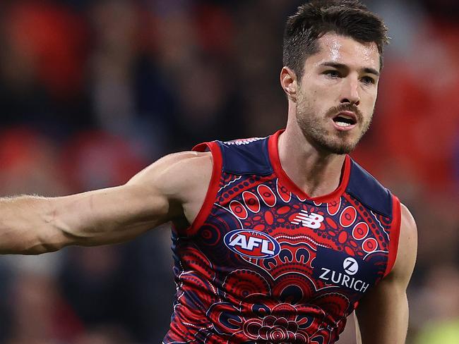 SYDNEY, AUSTRALIA - JUNE 04: Alex Neal-Bullen of the Demons celebrates after scoring a goal during the round 12 AFL match between the Melbourne Demons and the Brisbane Lions at GIANTS Stadium on June 04, 2021 in Sydney, Australia. (Photo by Mark Kolbe/Getty Images)