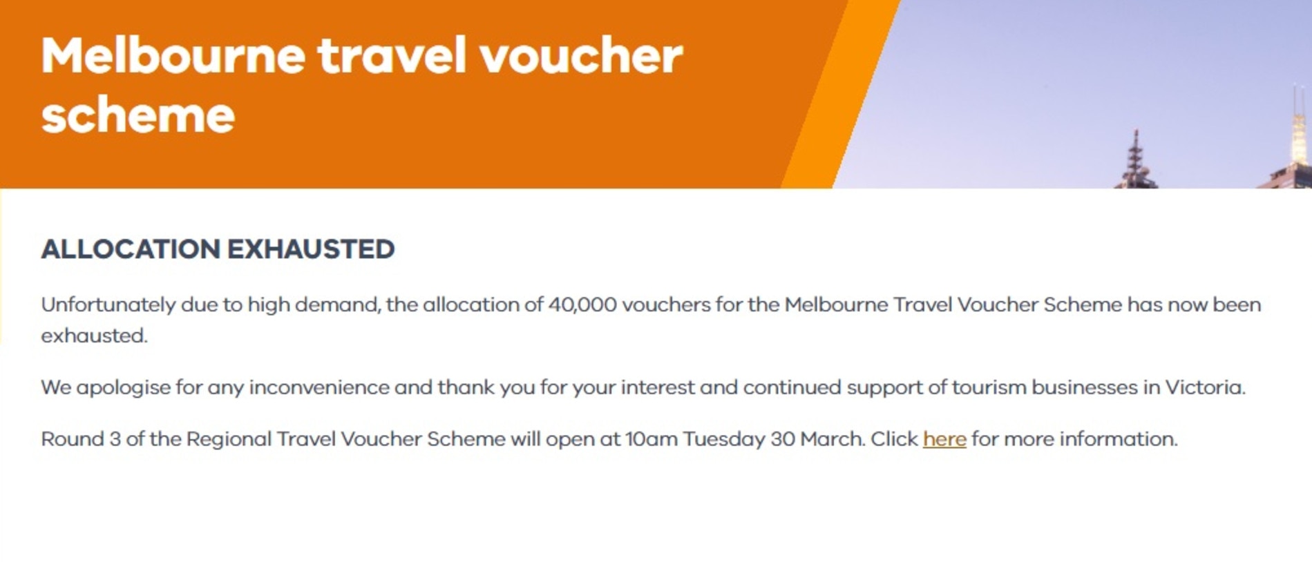 The allocation was exhausted for all 40,000 vouchers part of the Melbourne travel scheme within minutes of going online.