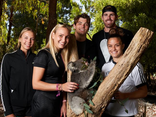 Tennis stars Anett Kontaveit, Donna Vekic, Reilly Opelka, Taylor Fritz and Maria Sakkari with Florence the koala at Cleland Wildlife Park in Crafers. Picture: Matt Loxton