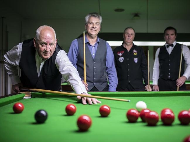 Bellerive Yacht Club proposal to kick snooker players off the club's tables, where people have played for 50 plus years. Photograph shows Steve Carroll, Mark Hudson,  Steve Carmichael  Christian De Camps. Picture Eddie Safarik