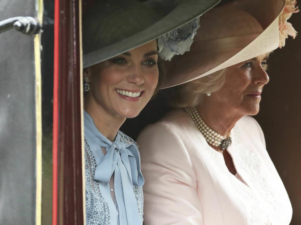 The Duchess of Cambridge and Camilla, Duchess of Cornwall, on their way to renowned UK horse race Ascot. Picture: Steve Parsons/PA via AP