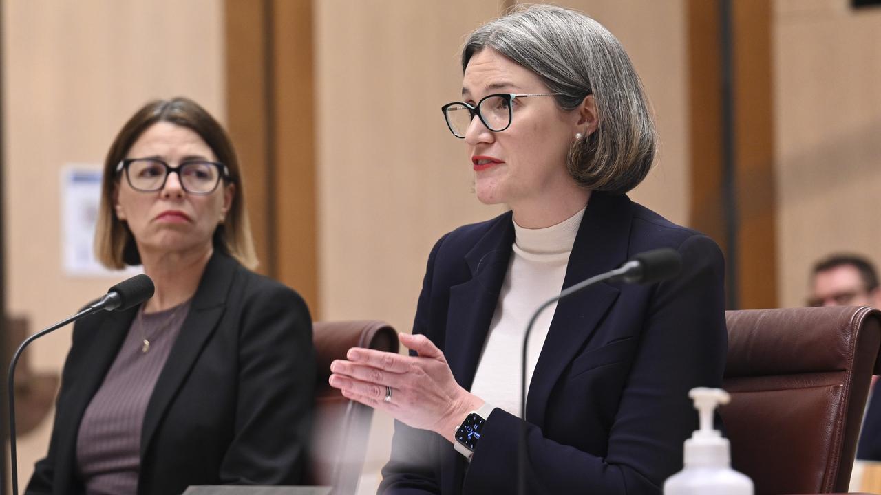 Government and industry relations manager at Coles, Vicki Bon and CEO of Coles Supermarkets, Leah Weckert appear before the Senate Select Committee on Supermarket Prices at Parliament House in Canberra. Picture: NCA NewsWire / Martin Ollman