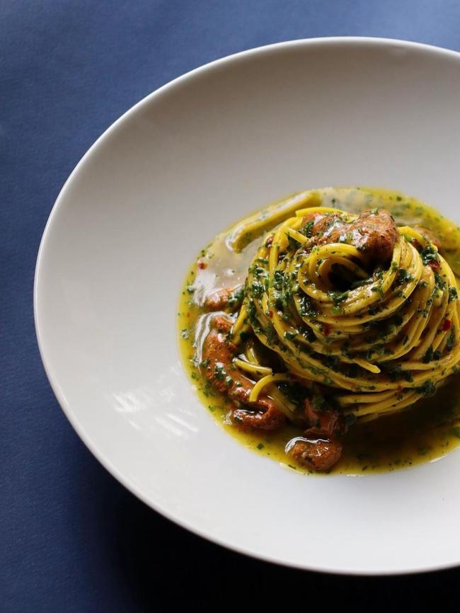 Sea urchin spaghetti at new Hobart restaurant Pitzi. Picture: Supplied