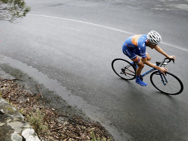 Winner Ben Dyball at the springs. Stage one of the 2014 Tour of Tasmania bicycle (road cycling) race. Waterworks reserve to the summit of Mt Wellington. Time trial, won by Ben Dyball.