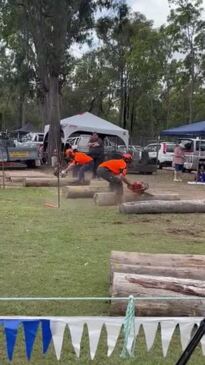 The woodchopping competition at the Torbanlea Picnic Races.