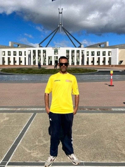 Michael Wilson in his Street Socceroos shirt at Parliament House last month.