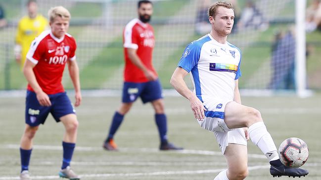 Soccer Summer Cup at KGV. Olympia V South Hobart. (L-R) Nicholas Mearns of Olympia with the ball. Picture: MATT THOMPSON