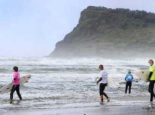 Surf's up: Competitors of the 2010 Rusty Gromfest waiting for the siren to signal them to paddle out into the line-up for their heat at Lennox Head Beach. Picture: Jay Cronan