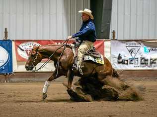 WORLD CLASS: Lockyer Valley rider Ben O'Sullivan and Hang Ten to Yuma perform a sliding stop during the 2018 Reining Alberta Spring Classic in Canada. O'Sullivan's score at the event secured his place at the World Equestrian Games where he will represent Ireland. Picture: Contributed