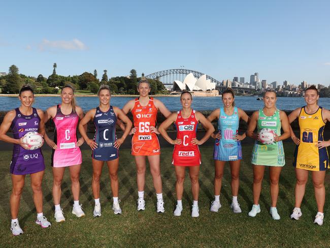 SYDNEY, AUSTRALIA - MARCH 21: (L-R) Kim Ravaillion of Queensland Firebirds, Hannah Petty of Adelaide Thunderbirds, Kate Moloney of Melbourne Vixens, Jo Harten of GIANTS Netball, Paige Hadley of NSW Swifts, Amy Parmenter of Melbourne Mavericks, Jess Anstiss of West Coast Fever and Steph Fretwell of Sunshine Coast Lightning pose during Fox Sports launch of the Super Netball Team Girls Cup at Royal Botanical Gardens Harbour Lawn on March 21, 2024 in Sydney, Australia. (Photo by Mark Metcalfe/Getty Images for Fox Sports)