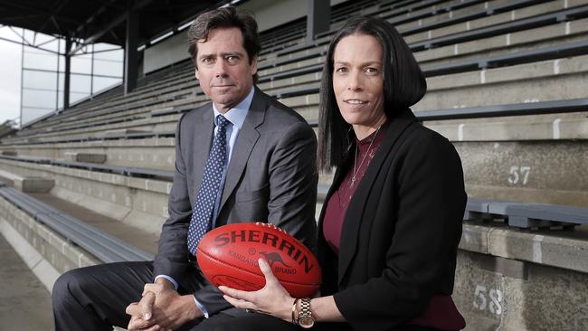 AFL CEO Gillon McLachlan and AFL Tasmania CEO Trish Squires. Picture: RICHARD JUPE