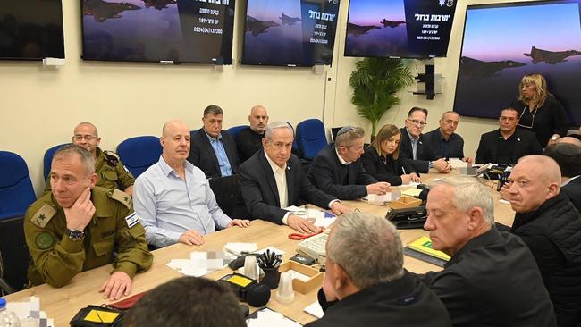 Israel's Prime Minister Benjamin Netanyahu (C) during a War Cabinet meeting at the Kirya in Tel Aviv. Picture: AFP.