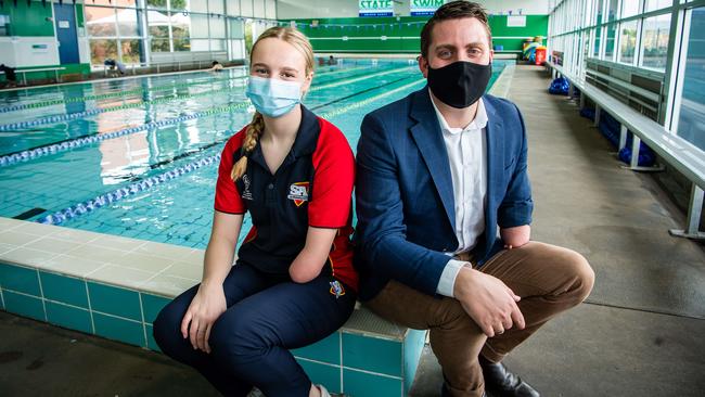 Gleeson College swimmer Jasmin Fullgrabe met hero Matt Cowdrey this week to launch the SA School Sports Awards for 2021. Picture: Tom Huntley