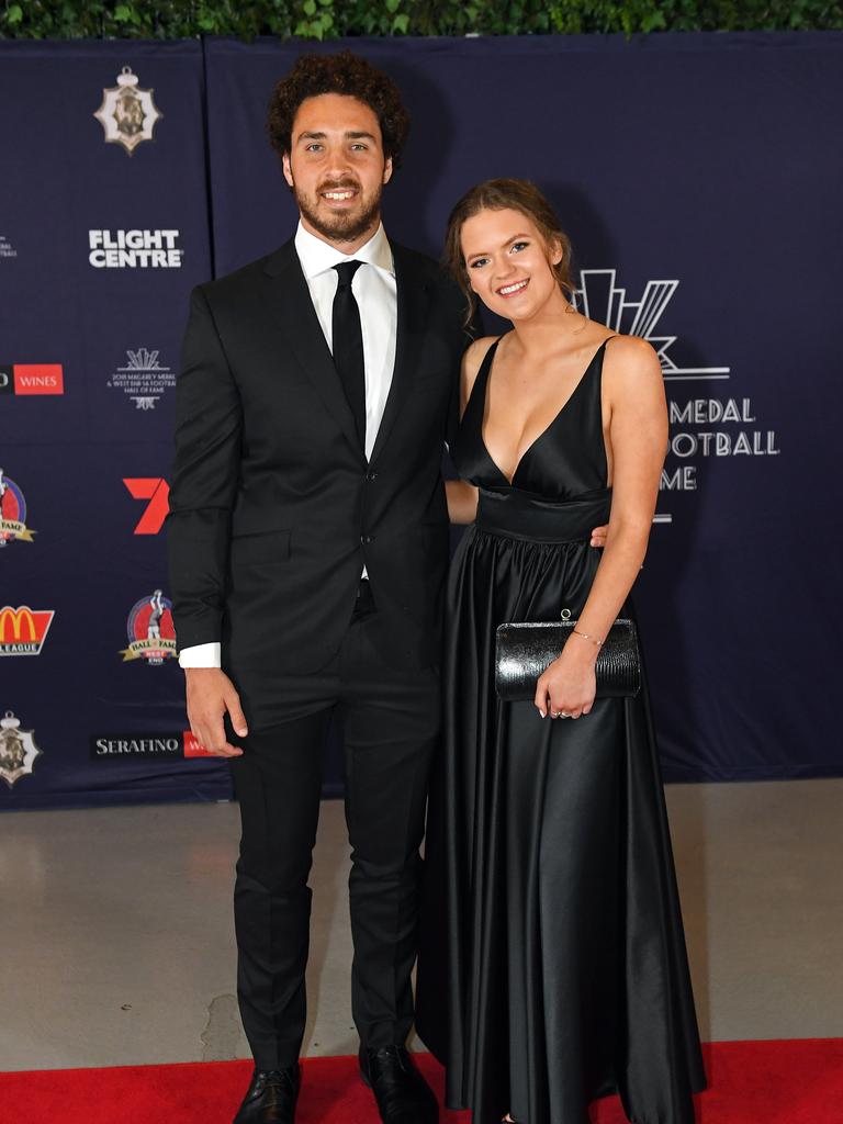 Abaina Davis and Madeline Shields on the red carpet ahead of the Magarey Medal presentation at Adelaide Oval.