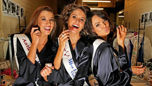 Miss Universe hopefuls getting ready for tonight's show. L to R Stephanie Bogovic, Jayne Duff and Sarah MacLeod. Picture: Tim Carrafa