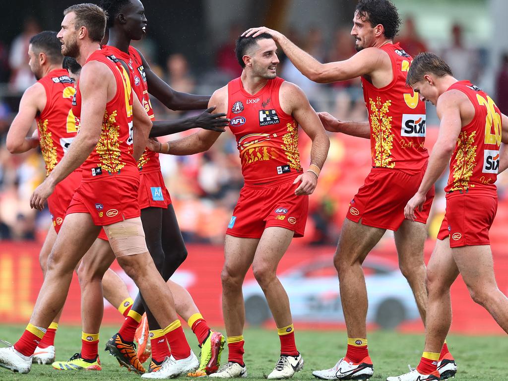 GOLD COAST, AUSTRALIA - APRIL 28: Brayden Fiorini of the Suns celebrates a goal during the round seven AFL match between Gold Coast Suns and West Coast Eagles at People First Stadium, on April 28, 2024, in Gold Coast, Australia. (Photo by Chris Hyde/Getty Images)
