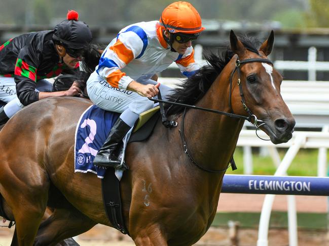 Jockey Luke Currie rides Secret Blaze to victory in  race 1, the Christmas Carols Handicap, during Christmas Race Day at Flemington Racecourse in Melbourne, Saturday, December 21, 2019. (AAP Image/Vince Caligiuri) NO ARCHIVING, EDITORIAL USE ONLY