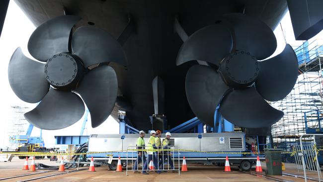 Beneath the first Air Warfare Destroyer, which was built in Adelaide. Picture: Calum Robertson