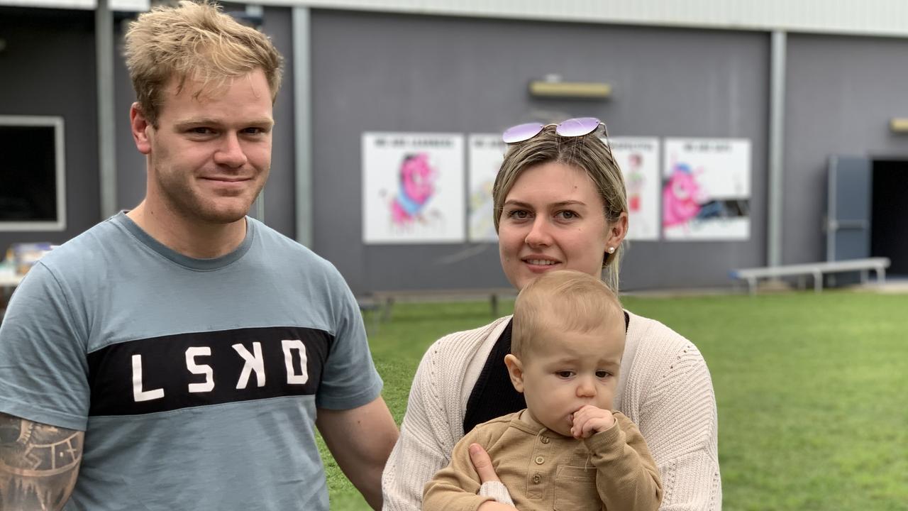 Lachlan Nielsen, Brittney Nielsen and baby Zavier Nielsen at the Victoria Park State School booth for the Dawson federal election, May 21, 2022. Picture: Duncan Evans