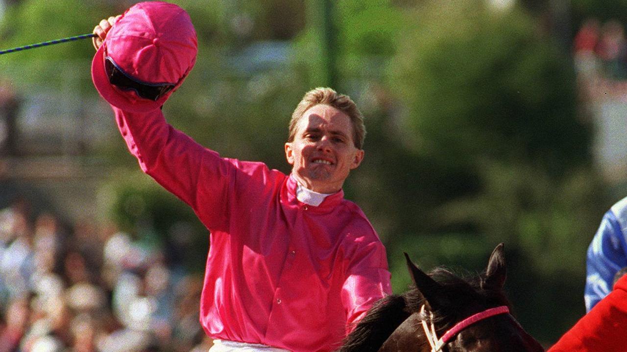 Moonee Valley. Race 6. 1995 Cox Plate. A jubiliant Shane Dye returns to scale after winning the Cox Plate on Octagonal.