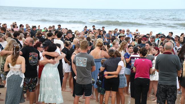 Hundreds of people have gathered at Bribie Island for a vigil to honour 17-year-old shark attack victim Charlize Zmuda. Picture: David Clark