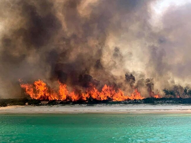 A photo of the bushfire on K’gari in 2020, which burnt through 87,000ha of the island.