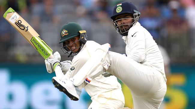 Usman Khawaja of Australia bats as Rishabh Pant of India keeps during day three. Picture: Getty Images