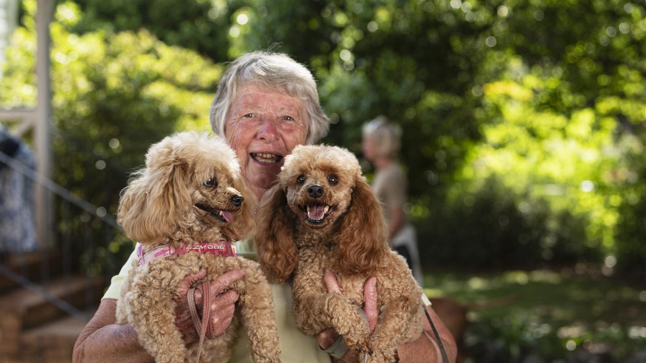 Noreen O'Reilly with Honey (left) and Lucky at the Blessing of the Pets at All Saints Anglican Church, Saturday, October 12, 2024. Picture: Kevin Farmer