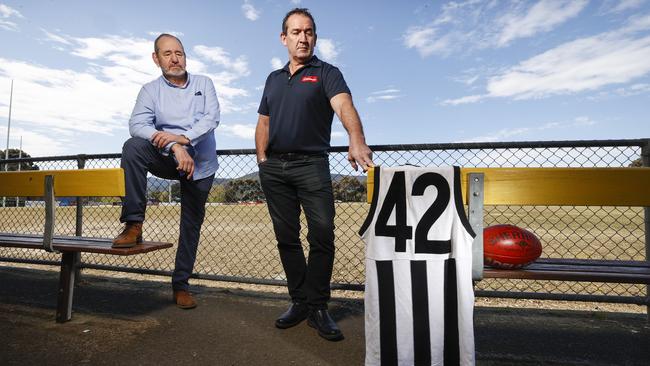 Millane’s brother Sean Millane (right) and retired Sgt Harry Van Rossum, who attended the crash in Boronia. Picture: Alex Coppel.