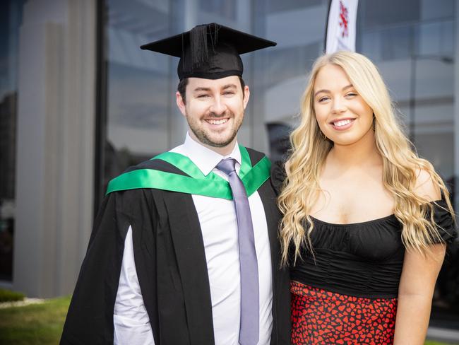 Brenton Lester and Sarah Sproule. University of Tasmania Hobart Graduations 2019, Wednesday morning. Picture: RICHARD JUPE
