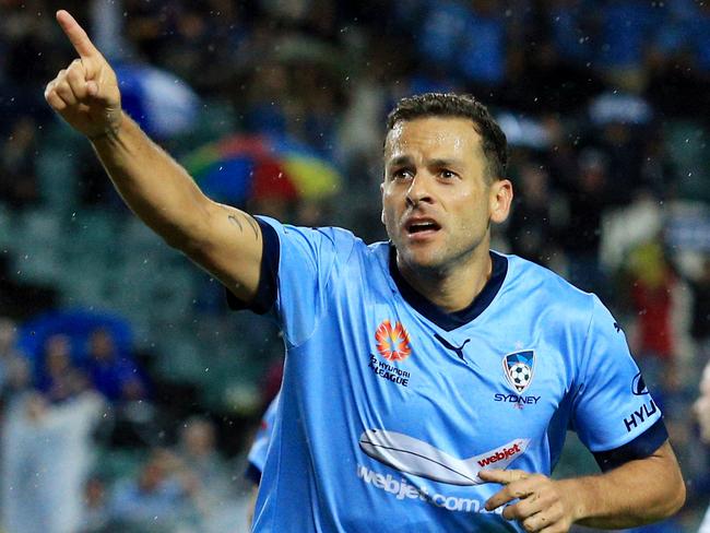 Bobo of Sydney FC celebrates a goal during the Sydney FC v Melbourne Victory round 22 A League match at Allianz Stadium, Sydney. pic Mark Evans