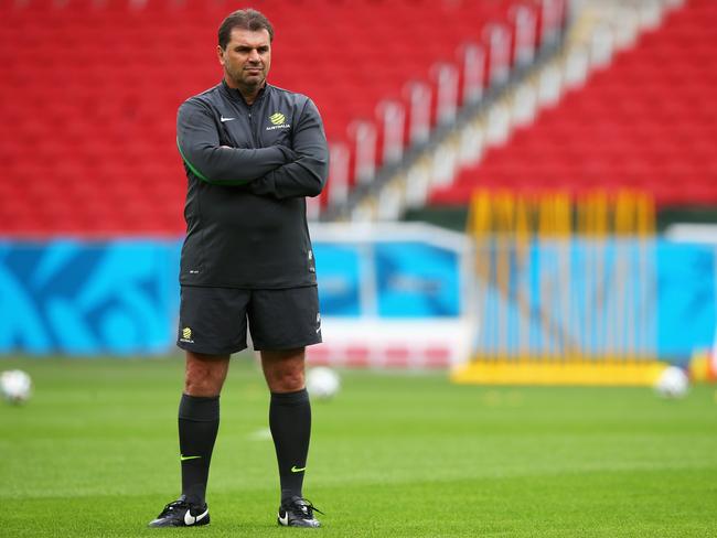 Socceroos coach Ange Postecoglou looks on during a training session at the 2014 FIFA World Cup in Brazil. Picture: Getty