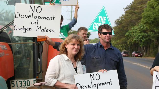 Tweed District Mayor Katie Milne with protesters at the Tweed Valley Hospital site on Monday. Photo: Scott Powick