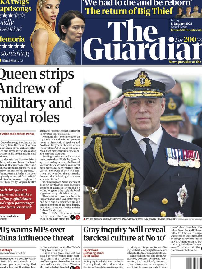 English newspapers reacting to Prince Andrew being stripped of his military and royal titles.