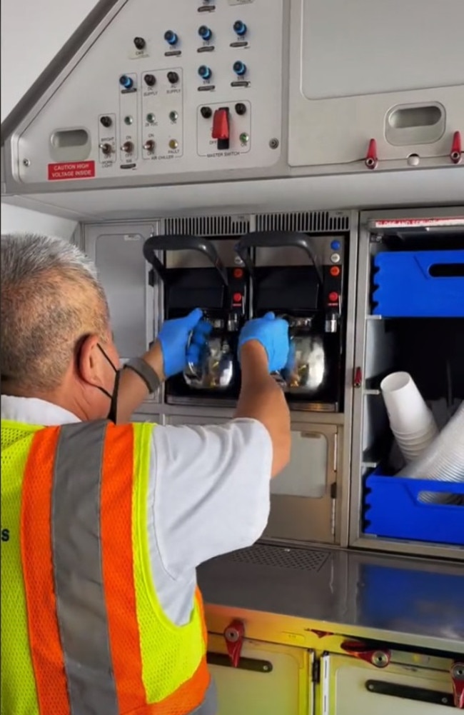 He added that the coffee pots also get changed after every flight. Picture: TikTok/stigaviation