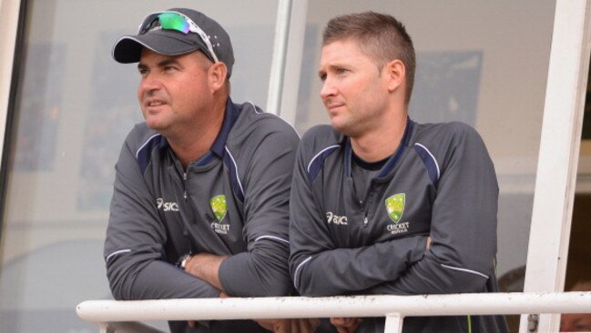 Mickey Arthur (L) and Michael Clarke (R), pictured just days before Arthur was sacked as Aussie coach.