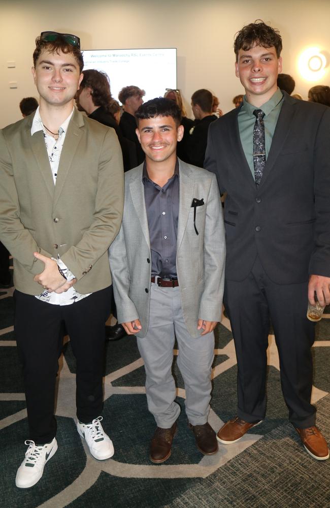 Khalim Lindner, Jarrod Buchanan and Ashden McMillan at the Australian Industry Trade College 2024 formal at the Maroochy RSL.