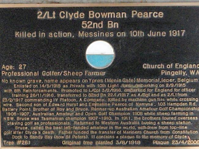 Second Lieutenant Clyde Pearce’s plaque on the Soldiers’ Memorial Avenue at Hobart.